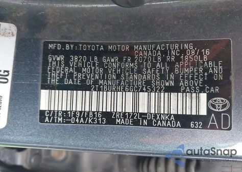 2016 Toyota Corolla Le из США, поврежденный, VIN 2T1BURHE6GC745322